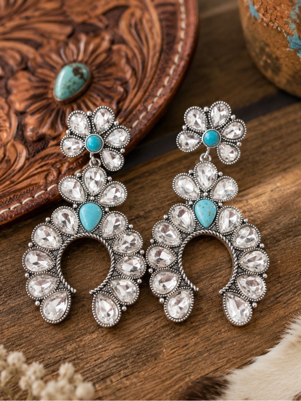 Turquoise & Crystal Squash Blossom Earrings